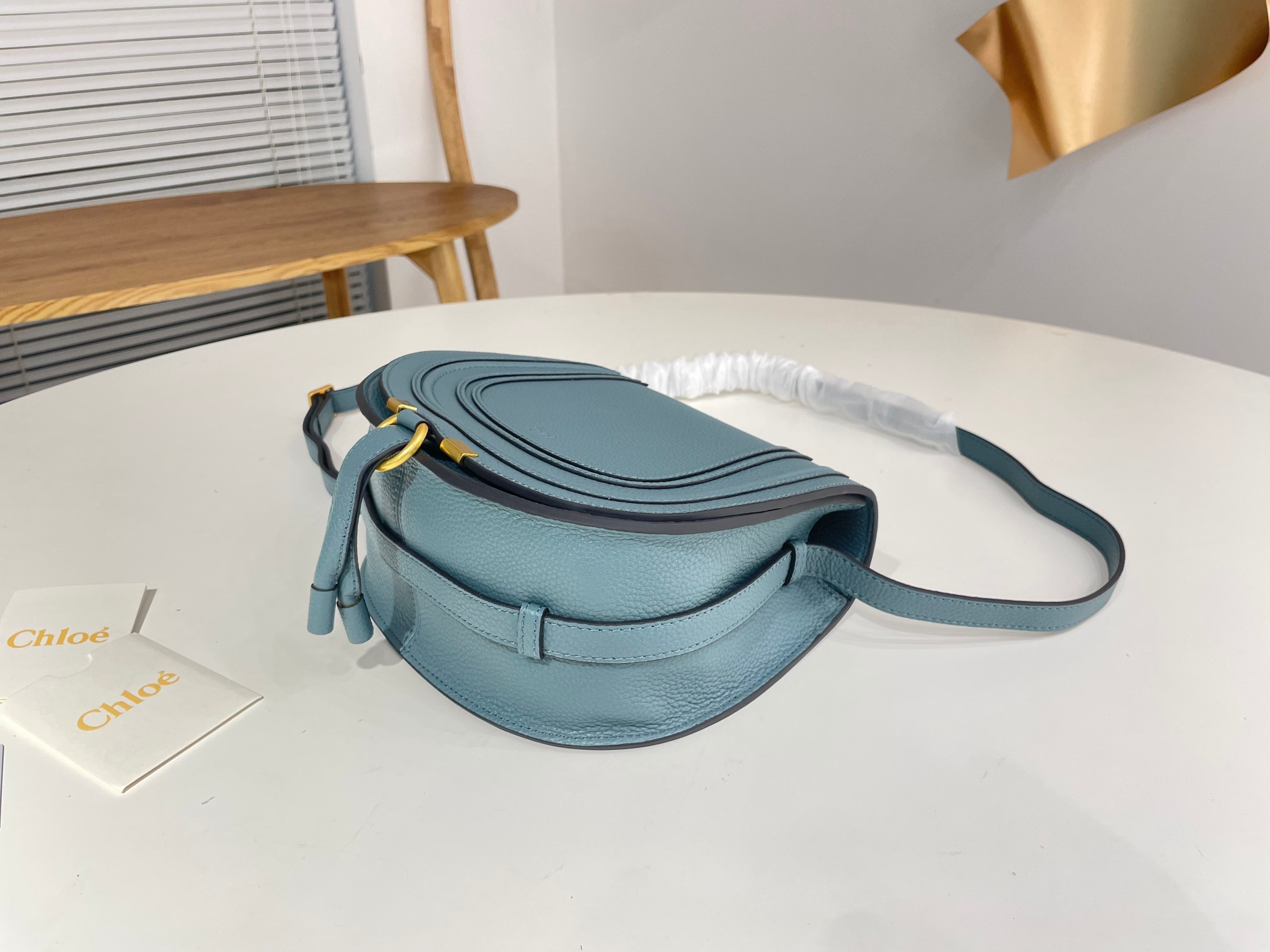 Chloe Marcie Saddle Shoulder Bag In Light Blue Grained Leather